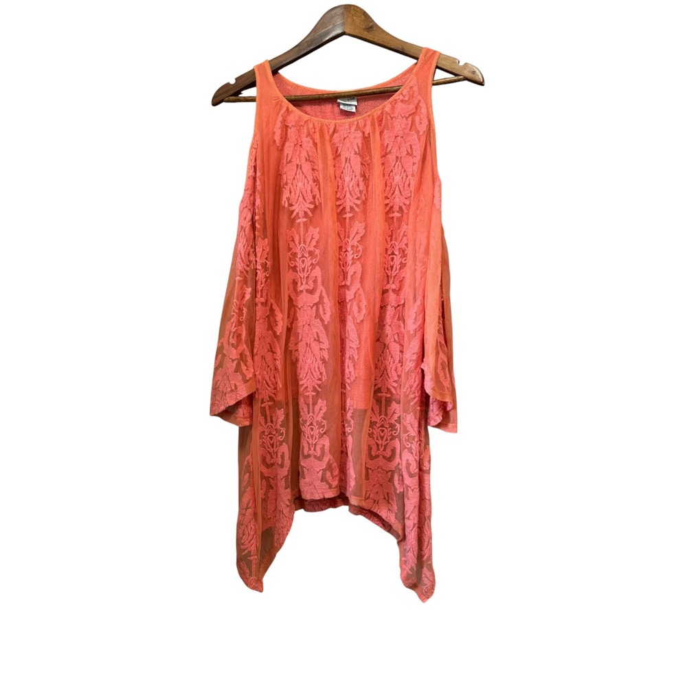 Mind Set by XCVI Tunic Top Womens Large Coral Pink Excellent Cold Shoulder Lace